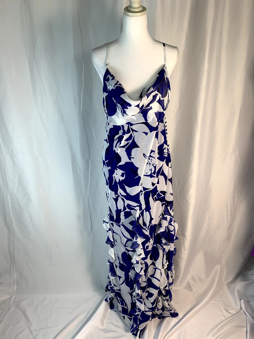Betsy & Adam Cowl-Neck Floral Formal Gown – White/Royal – Size 6 – NWT